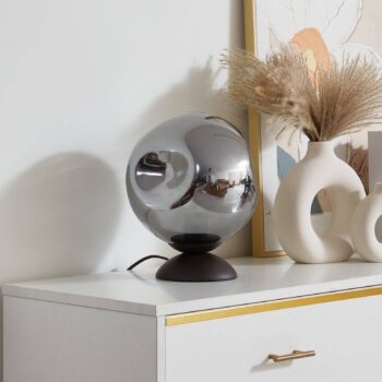Stolná lampa Lindby Valentina, E27, dymovo sivá, sklo, Ø 25 cm
