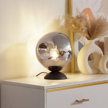 Stolná lampa Lindby Valentina, E27, dymovo sivá, sklo, Ø 25 cm