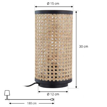 Stolná lampa Lindby Yaelle, výška 30 cm, ratan, čierna, E27
