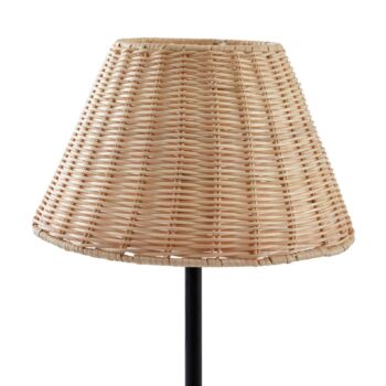 Stolná lampa Lindby Zyralia, farba dreva, ratan, Ø 30 cm