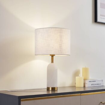 Stolná lampa Lindby alabaster, biela/zlatá, Ø 30 cm, mramor, E27