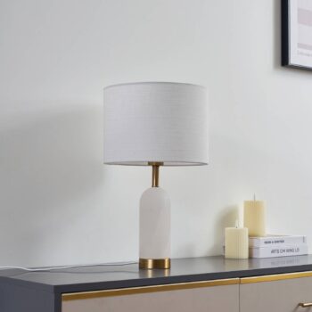 Stolná lampa Lindby alabaster, biela/zlatá, Ø 30 cm, mramor, E27
