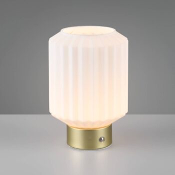 Stolná lampa Lord LED s dobíjaním, mosadz/opál, výška 19,5 cm, sklo