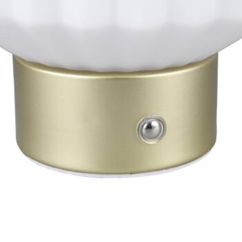 Stolná lampa Lord LED s dobíjaním, mosadz/opál, výška 19,5 cm, sklo