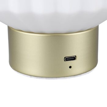 Stolná lampa Lord LED s dobíjaním, mosadz/opál, výška 19,5 cm, sklo