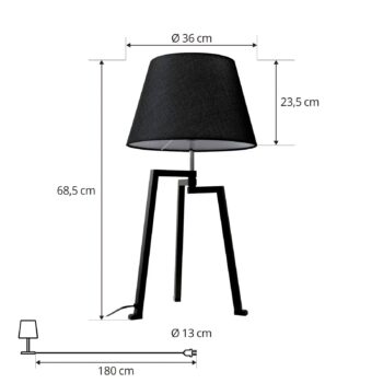 Stolná lampa Lucande Amona, čierna, textil, 69 cm, trojnožka