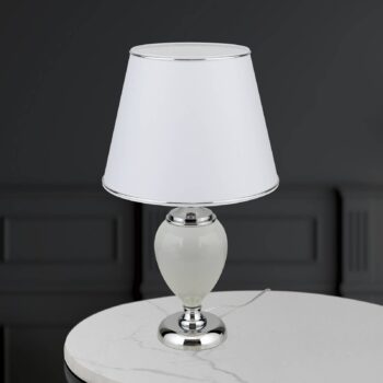 Stolná lampa Ovum, biela/chróm, výška 48 cm, keramika/chintz