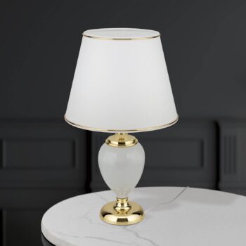 Stolná lampa Ovum, biela/zlatá farba, výška 48 cm, keramika/chintz