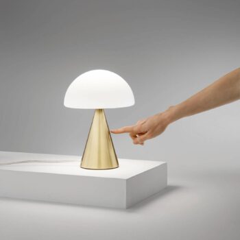 Stolová LED lampa Blip, mosadz/biela, sklo, CCT, dotykový stmievač