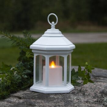 Stolová LED lampa Linta v tvare lucerny, biela