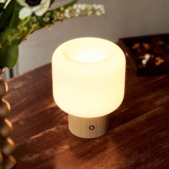 Stolová LED lampa Lucande Katrin Palm, béžová, sklo