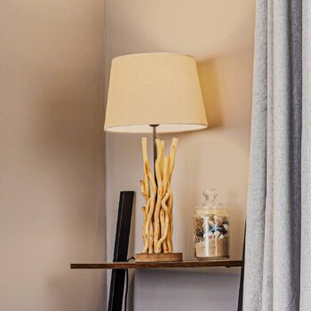 Stolová lampa Agar s látkovým tienidlom a dreveným prvkom