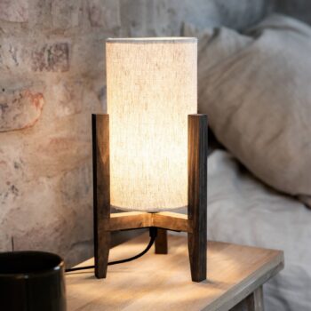 Stolová lampa Eruca, výška 34 cm, hnedá/béžová, drevo/látka