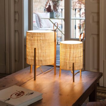 Stolová lampa Greta, prírodné vlákno/dub, výška 58 cm