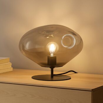 Stolová lampa Lindby Lelia, dymovo sivá, sklo, kov, Ø 35 cm