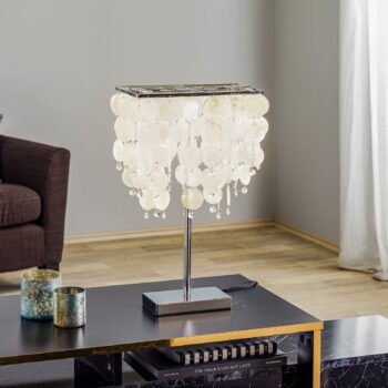 Stolová lampa Makani, chróm, s dekorom mušlí