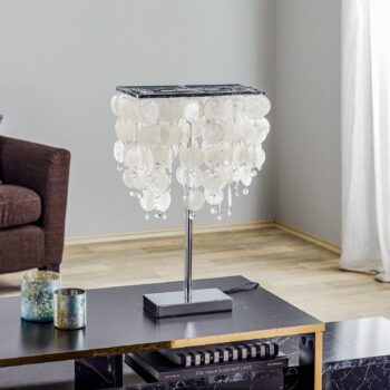 Stolová lampa Makani, chróm, s dekorom mušlí