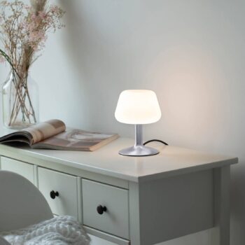Stolová lampa Paul Neuhaus Till, oceľová farba, sklo, stmievateľná