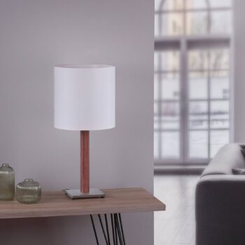 Stolová lampa Quitani Elif, biela, hranatá, tmavý dub