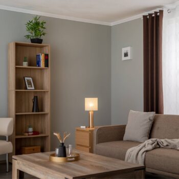 Stolová lampa Romina s plátnovým tienidlom, podstavec zlatý