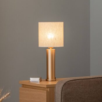 Stolová lampa Romina s plátnovým tienidlom, podstavec zlatý