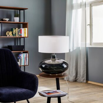 Stolová lampa Skien, tienidlo na lampu biele, sklenená základňa dymovo sivá
