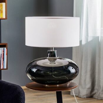 Stolová lampa Skien, tienidlo na lampu biele, sklenená základňa dymovo sivá