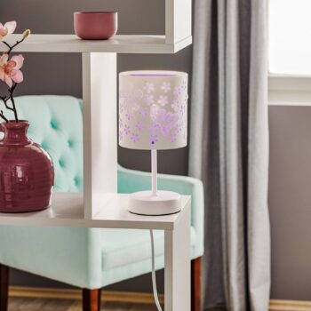 Stolová lampa Titilla v bielej farbe, tienidlo na lampu vo vnútri fialové