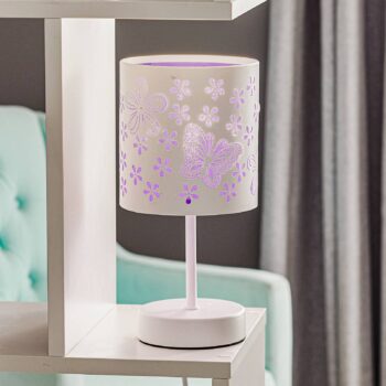 Stolová lampa Titilla v bielej farbe, tienidlo na lampu vo vnútri fialové