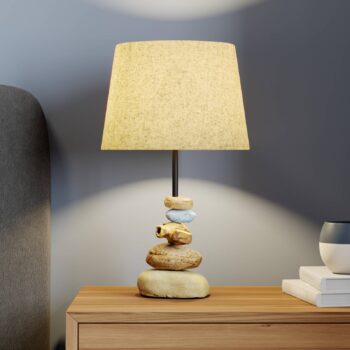 Stolová lampa Vera, látkový tienidlo a kamenný dekor, 38 cm