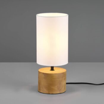Stolová lampa Woody, drevo/textil, valec, biela