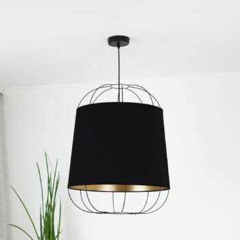 Stredné závesné svietidlo Lantern, čierna/zlatá, tkanina, E27