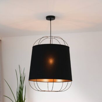 Stredné závesné svietidlo Lantern, čierna/zlatá, tkanina, E27
