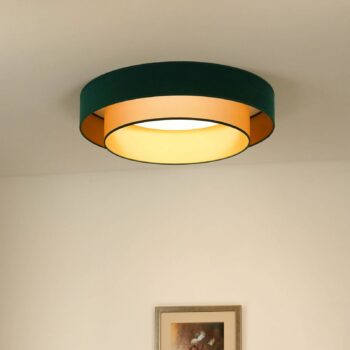 Stropné LED svetlo Luneta, zamat zelená/zlatá, Ø 60 cm, 3-stupňové stmievateľné