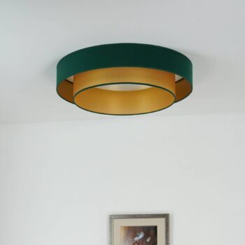 Stropné LED svetlo Luneta, zamat zelená/zlatá, Ø 60 cm, 3-stupňové stmievateľné