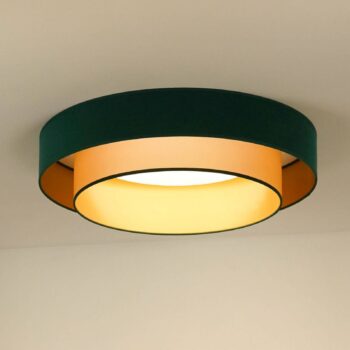 Stropné LED svetlo Luneta, zamat zelená/zlatá, Ø 60 cm, 3-stupňové stmievateľné