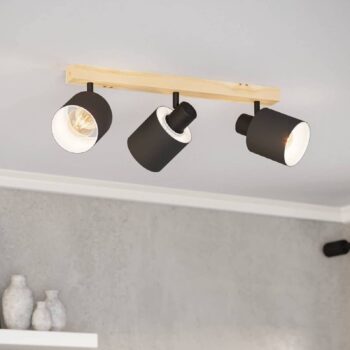 Stropné bodové svietidlo Batallas, dĺžka 48 cm, čierna/drevo, 3 svetlá.