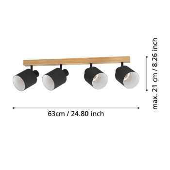 Stropné bodové svietidlo Batallas, dĺžka 63 cm, čierna/drevo, 4 svetlá.