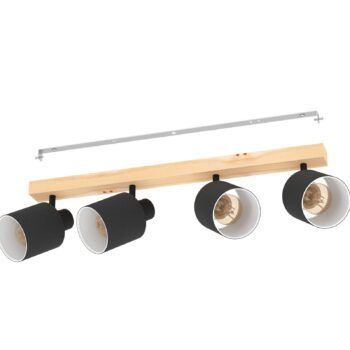Stropné bodové svietidlo Batallas, dĺžka 63 cm, čierna/drevo, 4 svetlá.