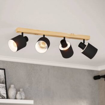 Stropné bodové svietidlo Batallas, dĺžka 63 cm, čierna/drevo, 4 svetlá.