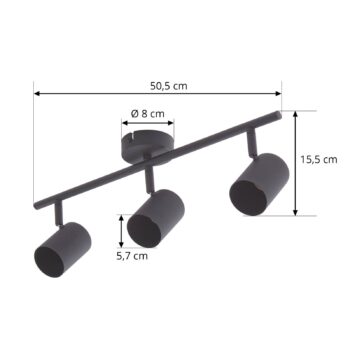 Stropné bodové svietidlo Lindby Jorell, čierne, 51 cm, 3-svetelné, GU10