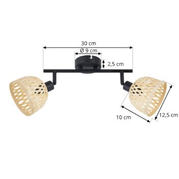 Stropné bodové svietidlo Lindby Youstin, dĺžka 30 cm, bambus, 2 svetlá, E14