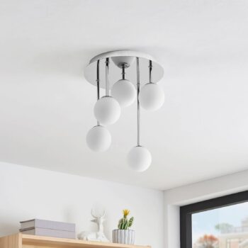Stropné svietidlo Lindby Chrissy, Ø 27 cm, chróm, 5 svetiel, sklo
