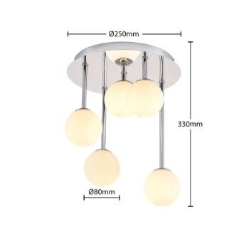 Stropné svietidlo Lindby Chrissy, Ø 27 cm, chróm, 5 svetiel, sklo