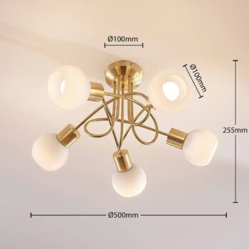 Stropné svietidlo Lindby Elaina, Ø50 cm, 5 svetiel, mosadz, sklo, E14