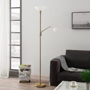 Stropné svietidlo Lindby Jost, 180 cm, mosadz, lampa na čítanie, E27
