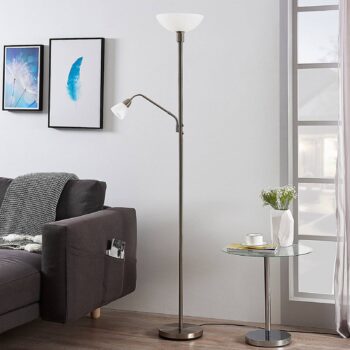 Stropné svietidlo Lindby Jost, 180 cm, niklová farba, svetlo na čítanie