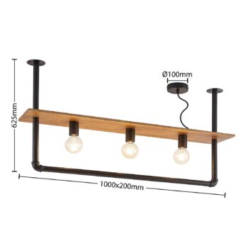 Stropné svietidlo Lindby Kirista, 3 svetlá, čierne, drevo, 100 cm
