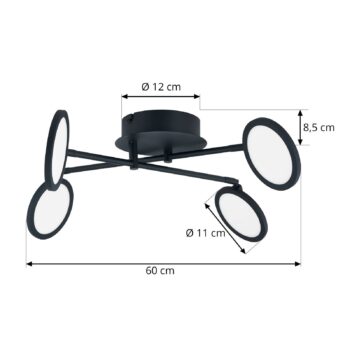Stropné svietidlo Lindby LED Manel, čierna farba, železo, dĺžka 60 cm