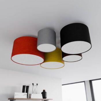 Stropné svietidlo Lindby Laurenz, 5 svetiel, 93 cm, červená/žltá, textil
